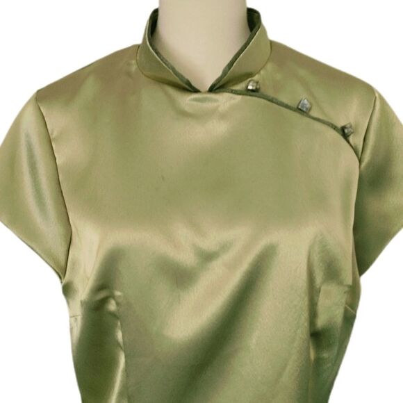 Asian Satin Blouse XL Top Office Siren Geisha Mandarin Collar Chartreuse Vintage - Picture 2 of 16